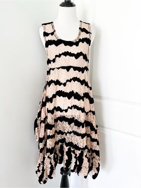 Ethos Los Angeles Vintage Fairycore Beige and Black Lace Stripe Dress - Large